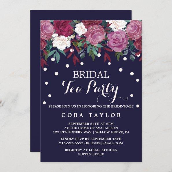 Marsala & Burgundy Floral on Navy Bridal Tea Party Invitations