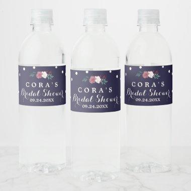 Marsala Floral Navy and Confetti Bridal Shower Water Bottle Label