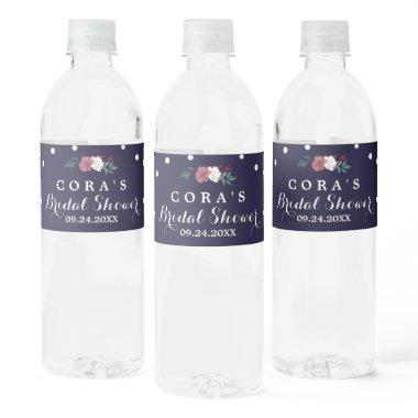 Marsala Floral Navy and Confetti Bridal Shower Water Bottle Label