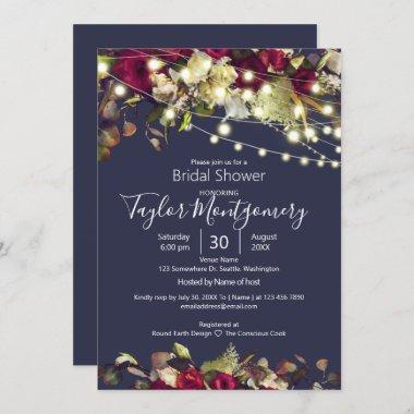 Marsala & Ivory Roses | Navy Bridal Shower Invitations