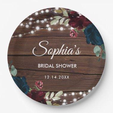 Marsala & Navy Flowers Rustic Bridal Shower Paper Plates