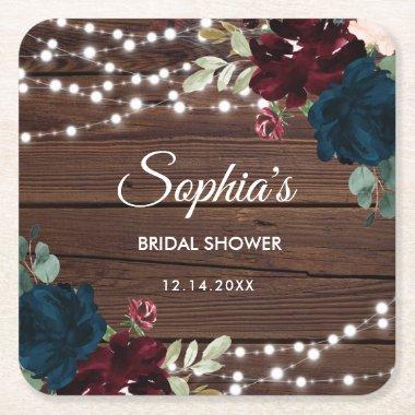 Marsala & Navy Flowers Rustic Bridal Shower Square Paper Coaster