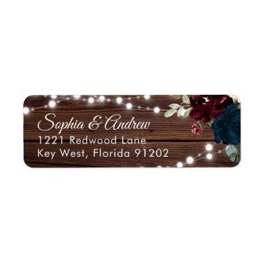 Marsala & Navy Flowers Rustic Wood Wedding Address Label