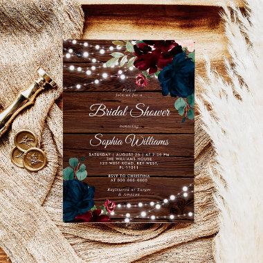 Marsala & Navy Rustic Wood Bridal Shower Invitations