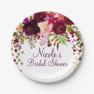Marsala Pink Floral Gold Burgundy Bridal Shower Paper Plates