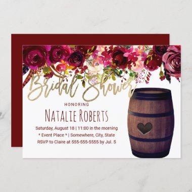 Marsala Red Floral Wine Barrel Bridal Shower Invitations