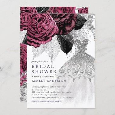 Marsala Silver Floral Wedding Dress Bridal Shower Invitations