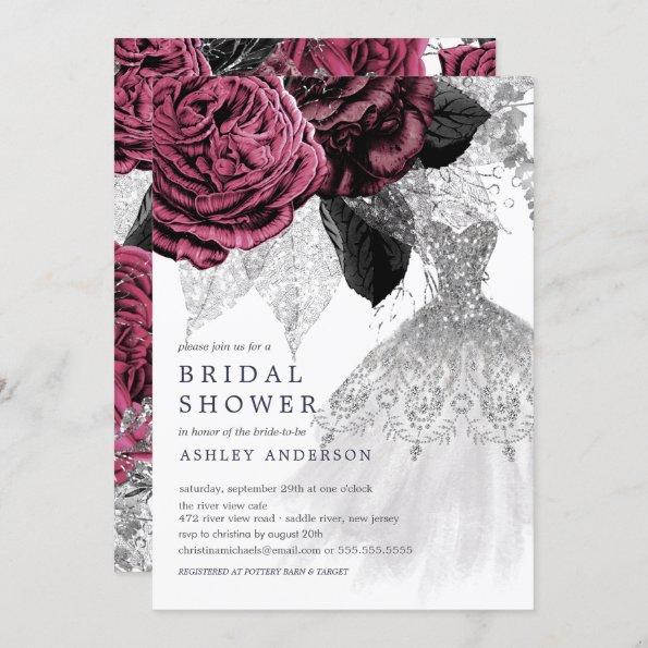 Marsala Silver Floral Wedding Dress Bridal Shower Invitations