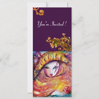 MASK IN YELLOW,MARDI GRAS PARTY purple red violet Invitations