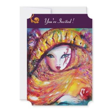 MASK IN YELLOW,MARDI GRAS PARTY purple red violet Invitations