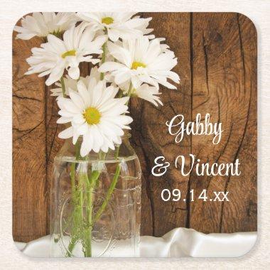 Mason Jar and White Daisies Country Wedding Square Paper Coaster