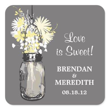 Mason Jar and Wildflowers Wedding Square Sticker