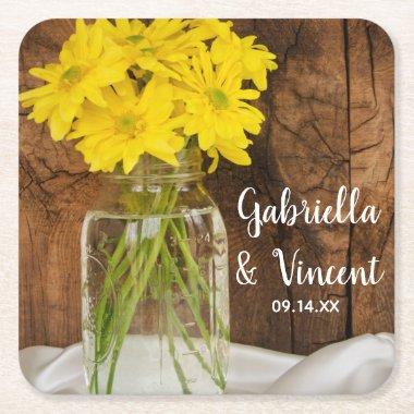 Mason Jar and Yellow Daisies Country Barn Wedding Square Paper Coaster