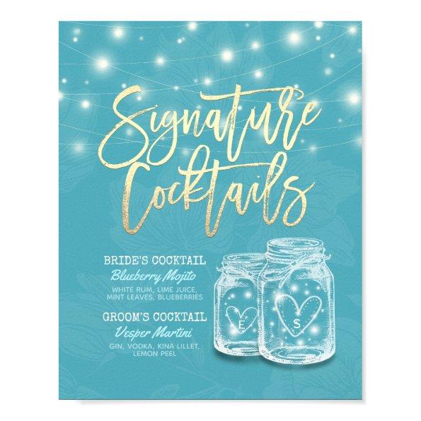 Mason Jar Blue Floral Wedding Signature Drink Menu Poster
