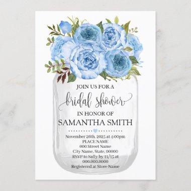 Mason jar bridal shower blue floral country chic Invitations