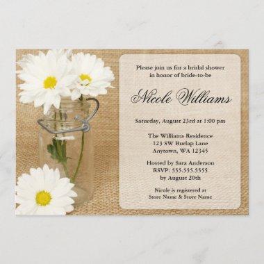 Mason Jar Burlap White Daisies Bridal Shower Invitations