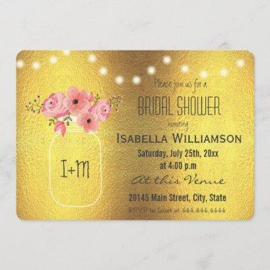 Mason Jar Faux Gold Foil and Lights Bridal Shower Invitations