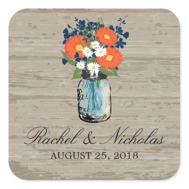 Mason Jar Floral Wedding Square Sticker