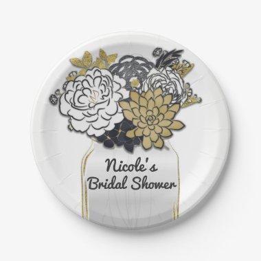 Mason Jar Flowers Rustic Floral Grey & Gold Chic Paper Plates