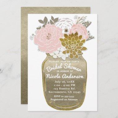 Mason Jar Flowers Rustic Floral Pink & Gold Chic Invitations