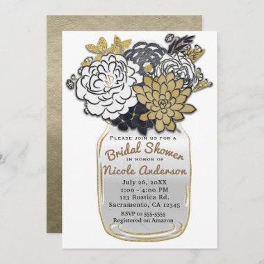 Mason Jar Flowers Rustic Grey Gold Floral Chic Invitations