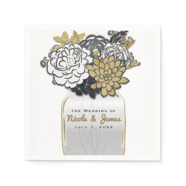 Mason Jar Flowers Rustic Grey Gold Floral Paper Napkins