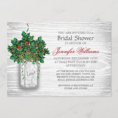Mason Jar Holly Berry Rustic Winter Bridal Shower Invitations