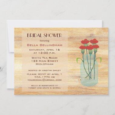 Mason Jar Red Carnations Bridal Shower Invitations
