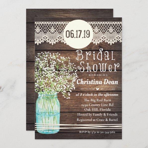 Mason Jar Rustic Wood Bridal Shower Invitations