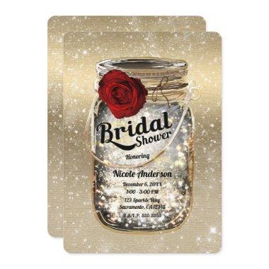 Mason Jar Sparkle Lights & Red Rose Bridal Shower Invitations