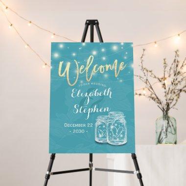 Mason Jar String Light Blue Floral Wedding Welcome Foam Board