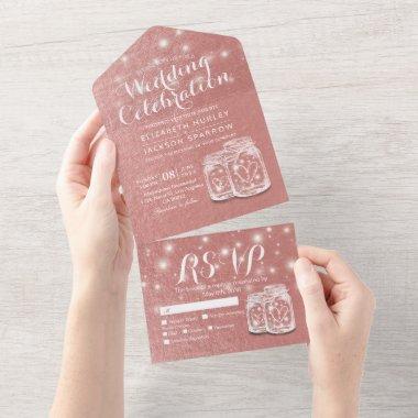 Mason Jar String Light Pink Rose Gold Wedding RSVP All In One