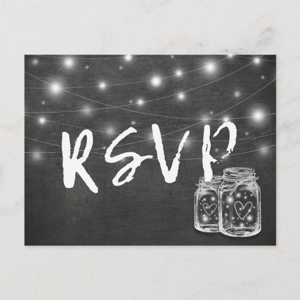 Mason Jar & String Lights Chalkboard Wedding RSVP Invitation PostInvitations