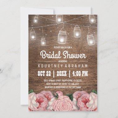 Mason Jar String Lights Pink Rose Bridal Shower Invitations