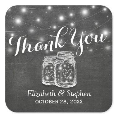 Mason Jar & String Lights Wedding Favor Thank You Square Sticker