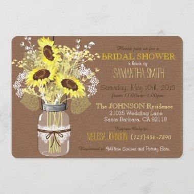 Mason Jar Sunflower Burlap Rustic Bridal Shower Invitations