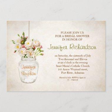 mason jar & white roses bridal shower Invitations