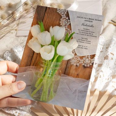 Mason Jar White Tulips Country Barn Bridal Shower Invitations