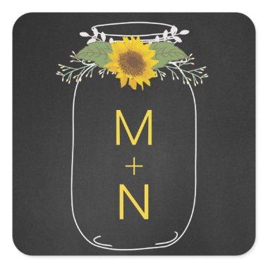 Mason Jar with sunflowers monogram wedding favor Square Sticker