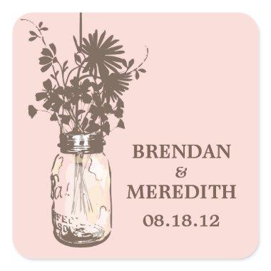 Mason Jars and Wildflowers Wedding Square Sticker