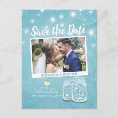 Mason Jars Blue Floral Wedding Save The Date Photo PostInvitations