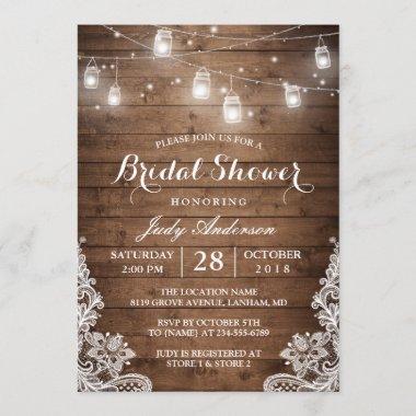 Mason Jars Lights Rustic Wood Lace Bridal Shower Invitations