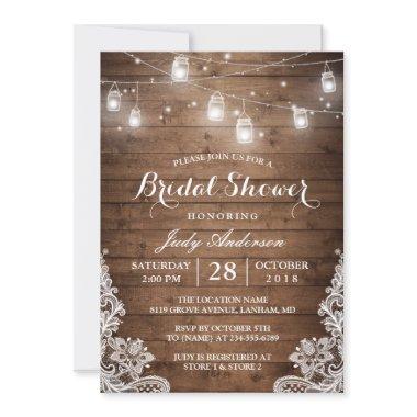 Mason Jars Lights Rustic Wood Lace Bridal Shower Invitations