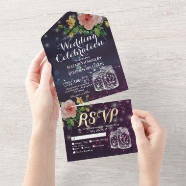 Mason Jars Purple Lights Pink Flowers Wedding RSVP All In One Invitations