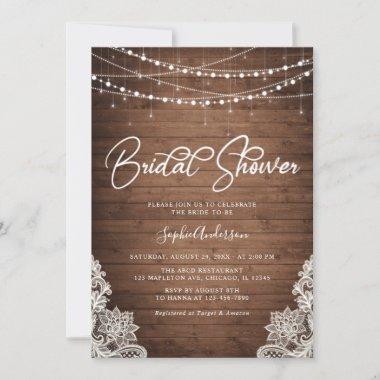 Mason Jars Rustic Wood Lights Lace Bridal Shower Invitations