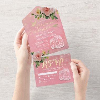 Mason Jars String Lights Pink Flowers Wedding RSVP All In One Invitations