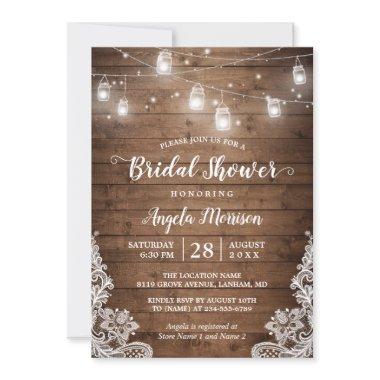 Mason Jars String Lights Rustic Lace Bridal Shower Invitations