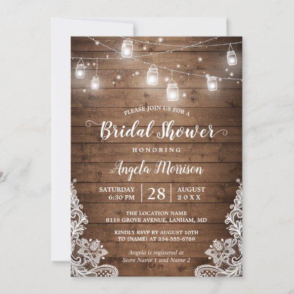 Mason Jars String Lights Rustic Lace Bridal Shower Invitations