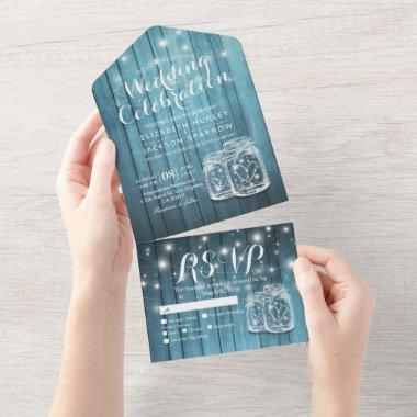 Mason Jars String Lights Rustic Wood Wedding RSVP All In One Invitations