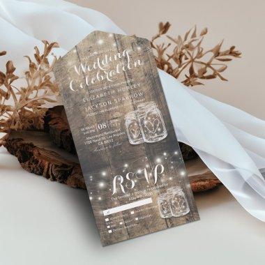 Mason Jars String Lights Rustic Wood Wedding RSVP All In One